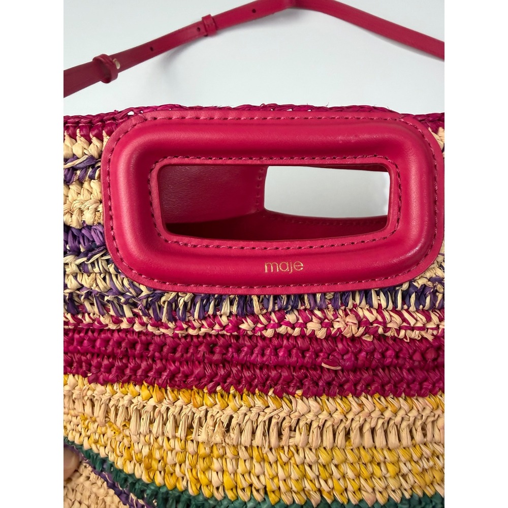 Maje Striped Straw Satchel Multicolor Stripe Pink Raffia Crossbody Euro Summer - Picture 4 of 16